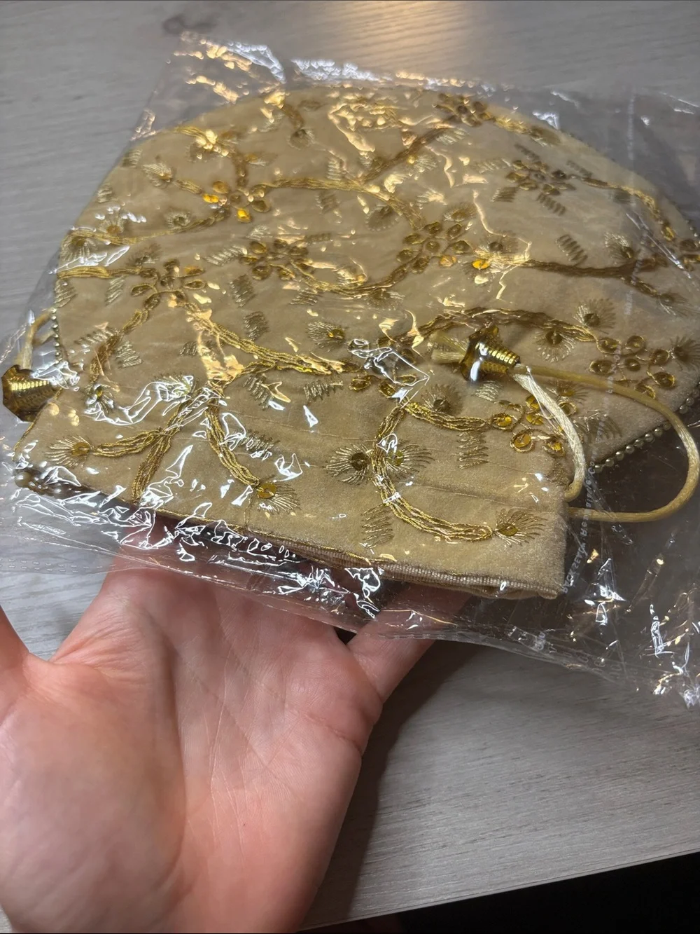 Hand made Embroidered Gold Drawstring Pouch‎